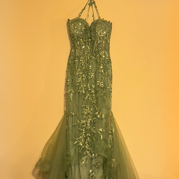 Emerald Sequin Embellished Halter Gown